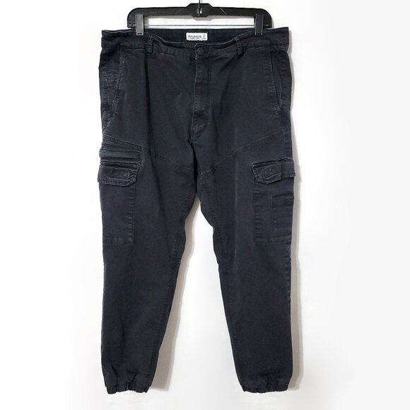 Pull & Bear Mens Cargo Jeans Size 38 Black Denim Elastic Cuff Moto Streetwear - Picture 1 of 14